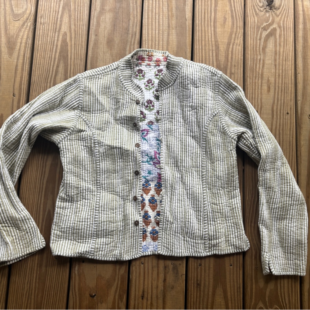 Striped Quilted Cream Jacket with Floral Trim